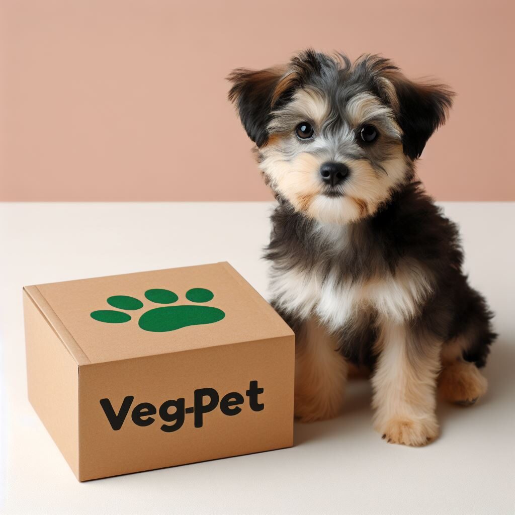 Cãozinho com caixa de entrega da VegPet - satisfação garantida.