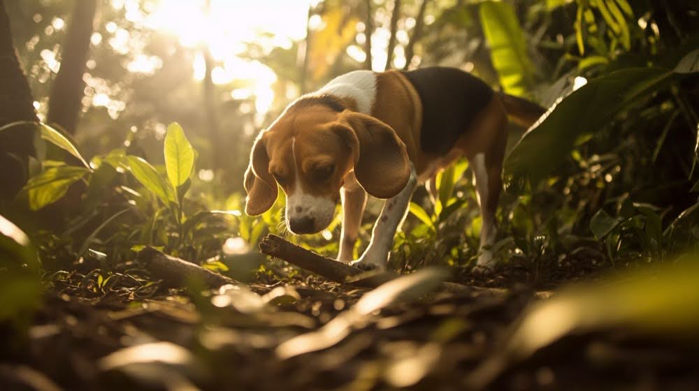 Cachorro brincando com graveto em meio à um parque com áreas verdes
