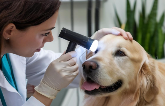 Exame de vista em cachorro da raça Golden