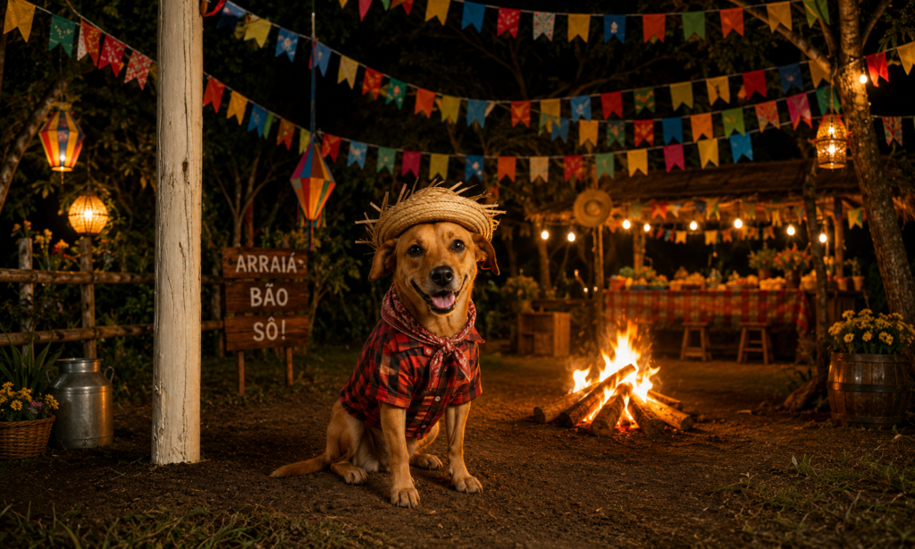 Cachorro vestido com os trajes de festa junina